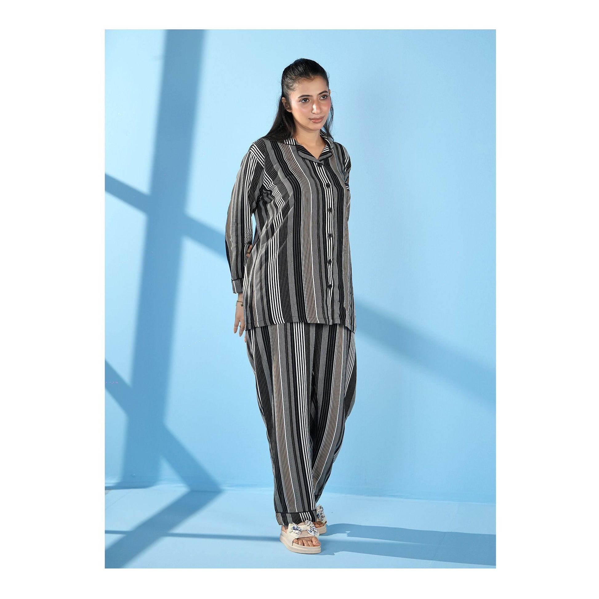 Basix Women's Stripes Loungewear 2 Pieces Set, Black Grey &amp; White, LW-676