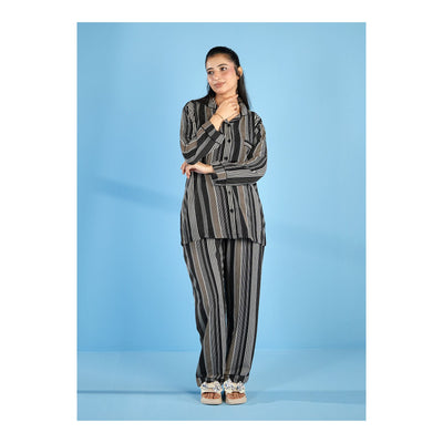 Basix Women's Stripes Loungewear 2 Pieces Set, Black Grey & White, LW-676