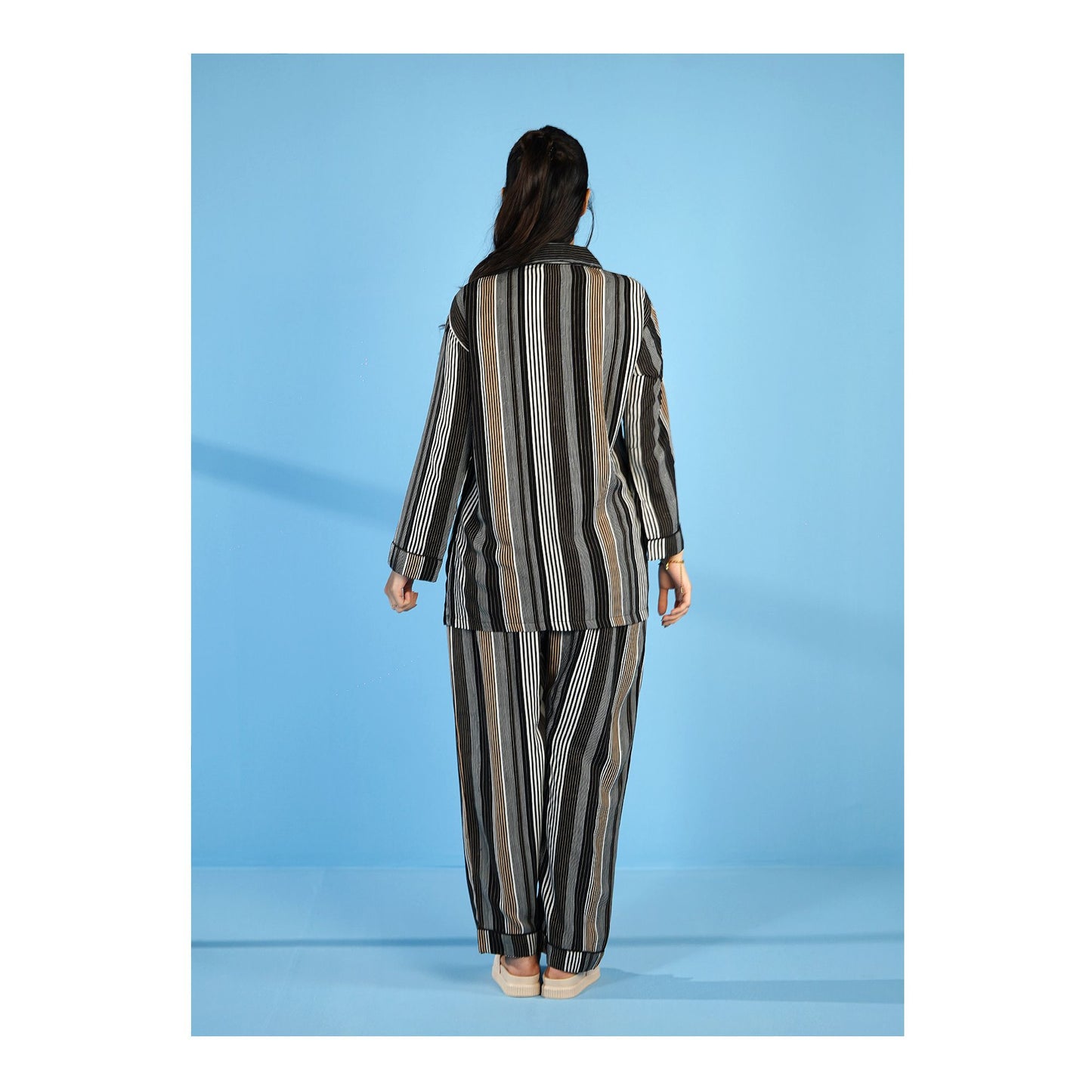 Basix Women's Stripes Loungewear 2 Pieces Set, Black Grey &amp; White, LW-676