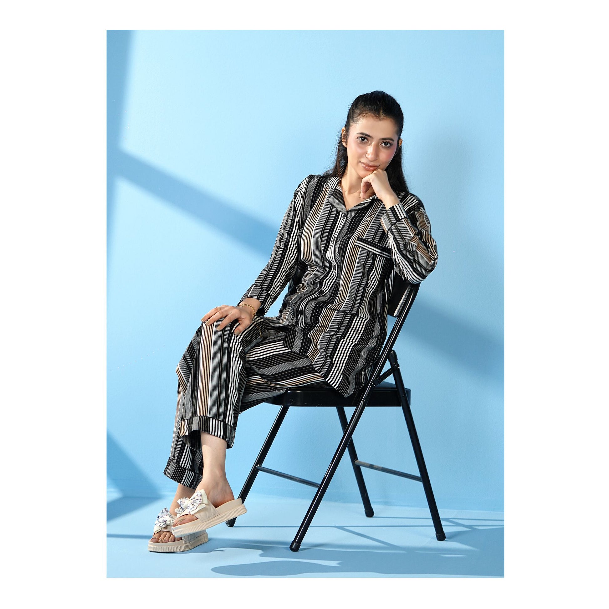 Basix Women's Stripes Loungewear 2 Pieces Set, Black Grey &amp; White, LW-676