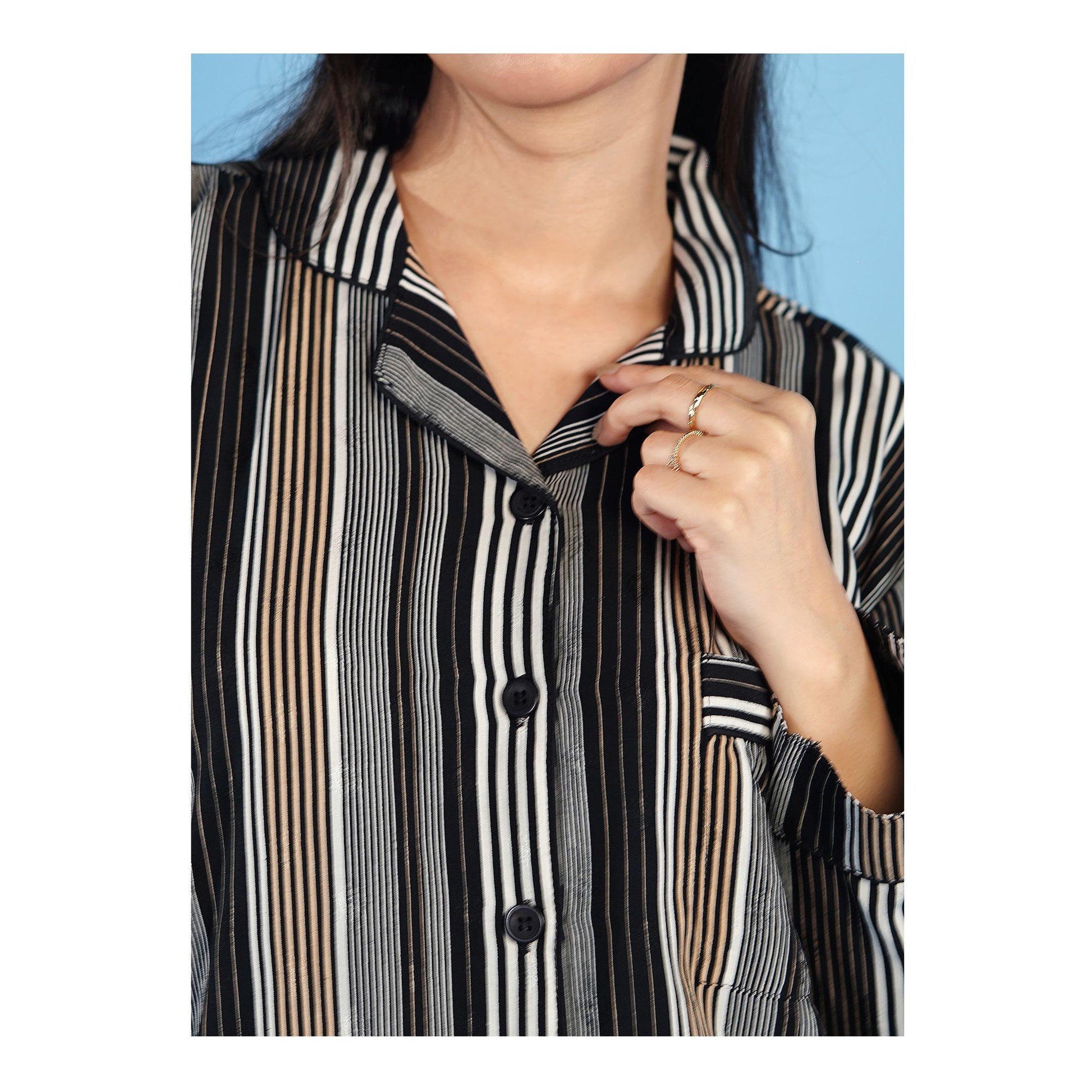 Basix Women's Stripes Loungewear 2 Pieces Set, Black Grey &amp; White, LW-676
