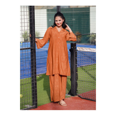 Basix Women's Stretch Fabric Self Print Co-Ord Set, Golden, CORD-123