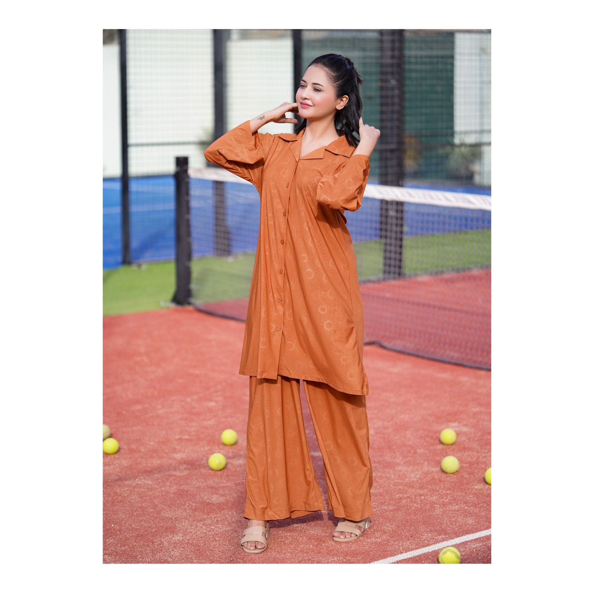 Basix Women's Stretch Fabric Self Print Co-Ord Set, Golden, CORD-123