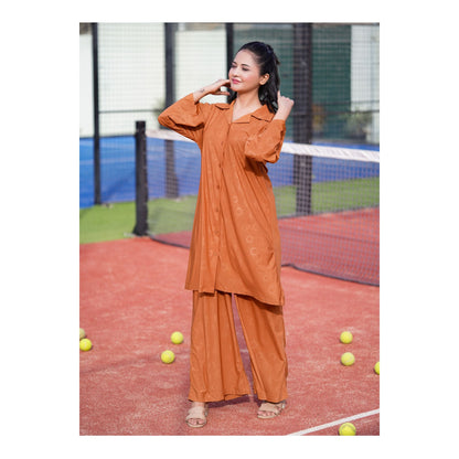 Basix Women's Stretch Fabric Self Print Co-Ord Set, Golden, CORD-123