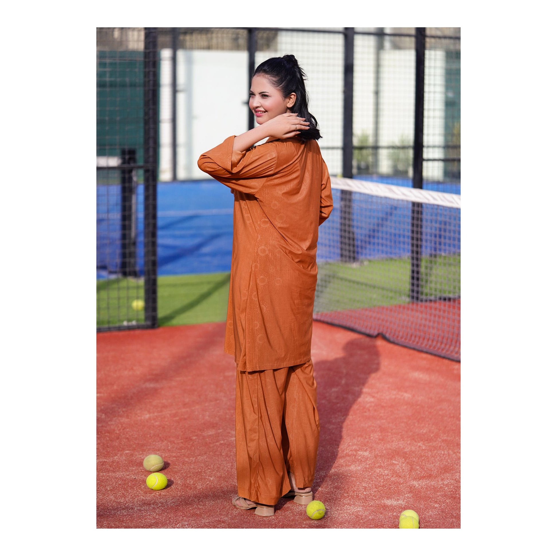 Basix Women's Stretch Fabric Self Print Co-Ord Set, Golden, CORD-123