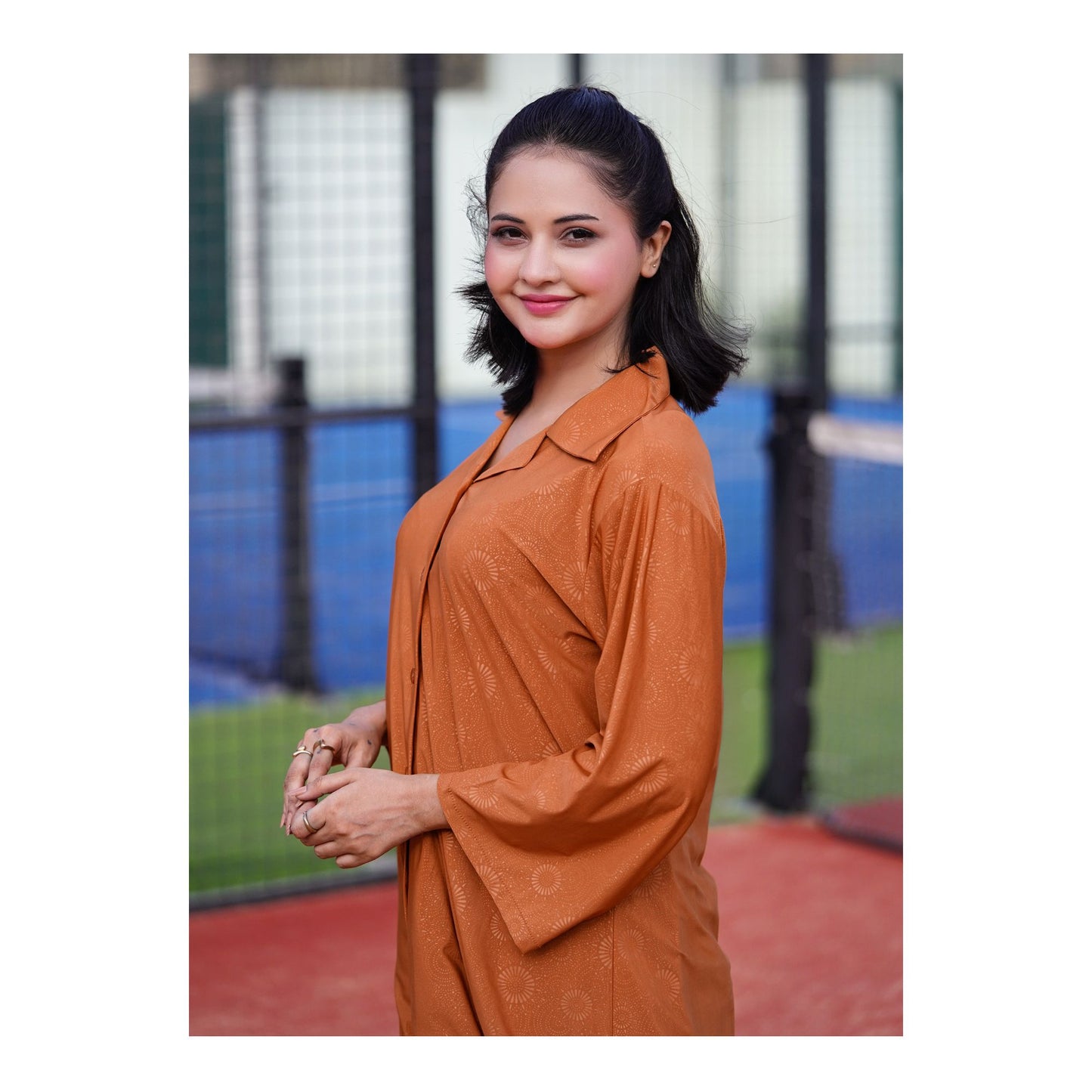 Basix Women's Stretch Fabric Self Print Co-Ord Set, Golden, CORD-123