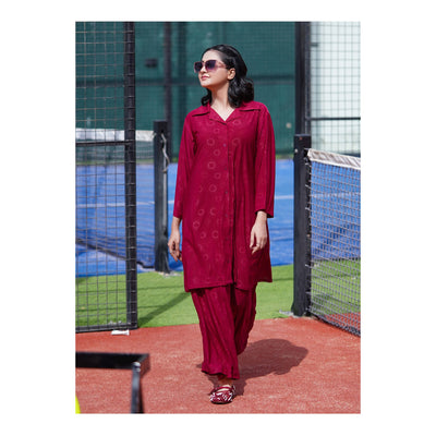 Basix Women's Stretch Fabric Self Print Co-Ord Set, Maroon, CORD-124