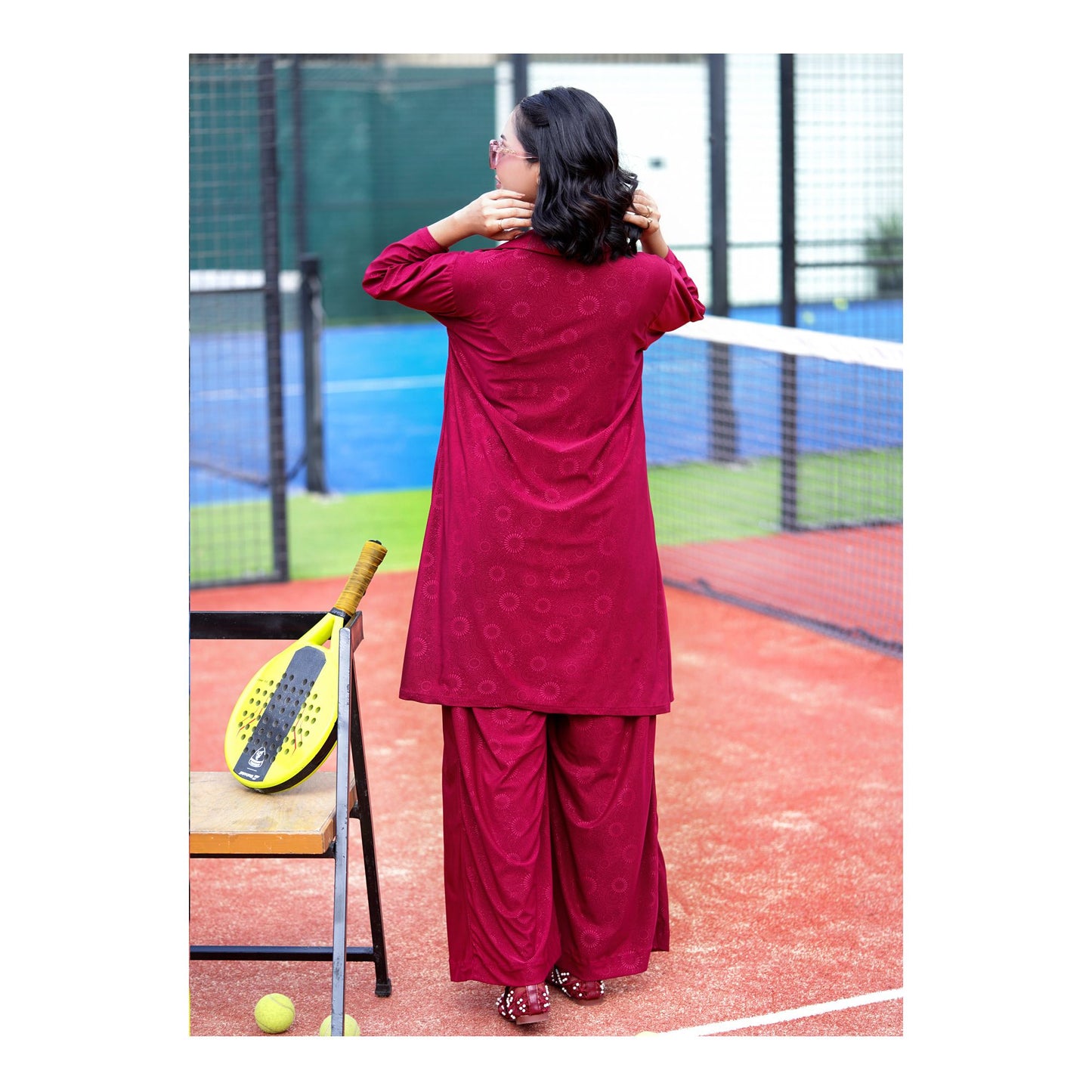 Basix Women's Stretch Fabric Self Print Co-Ord Set, Maroon, CORD-124