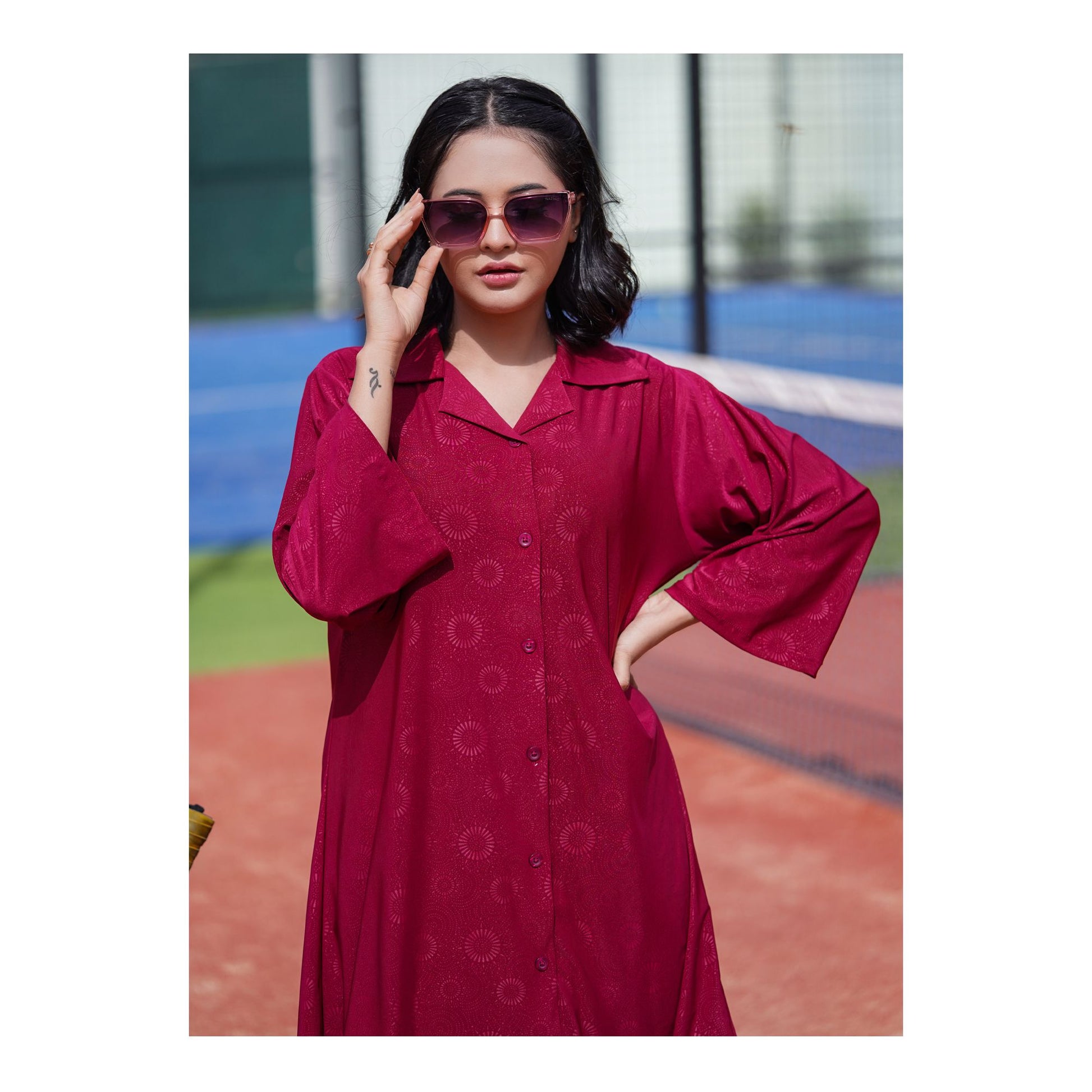 Basix Women's Stretch Fabric Self Print Co-Ord Set, Maroon, CORD-124