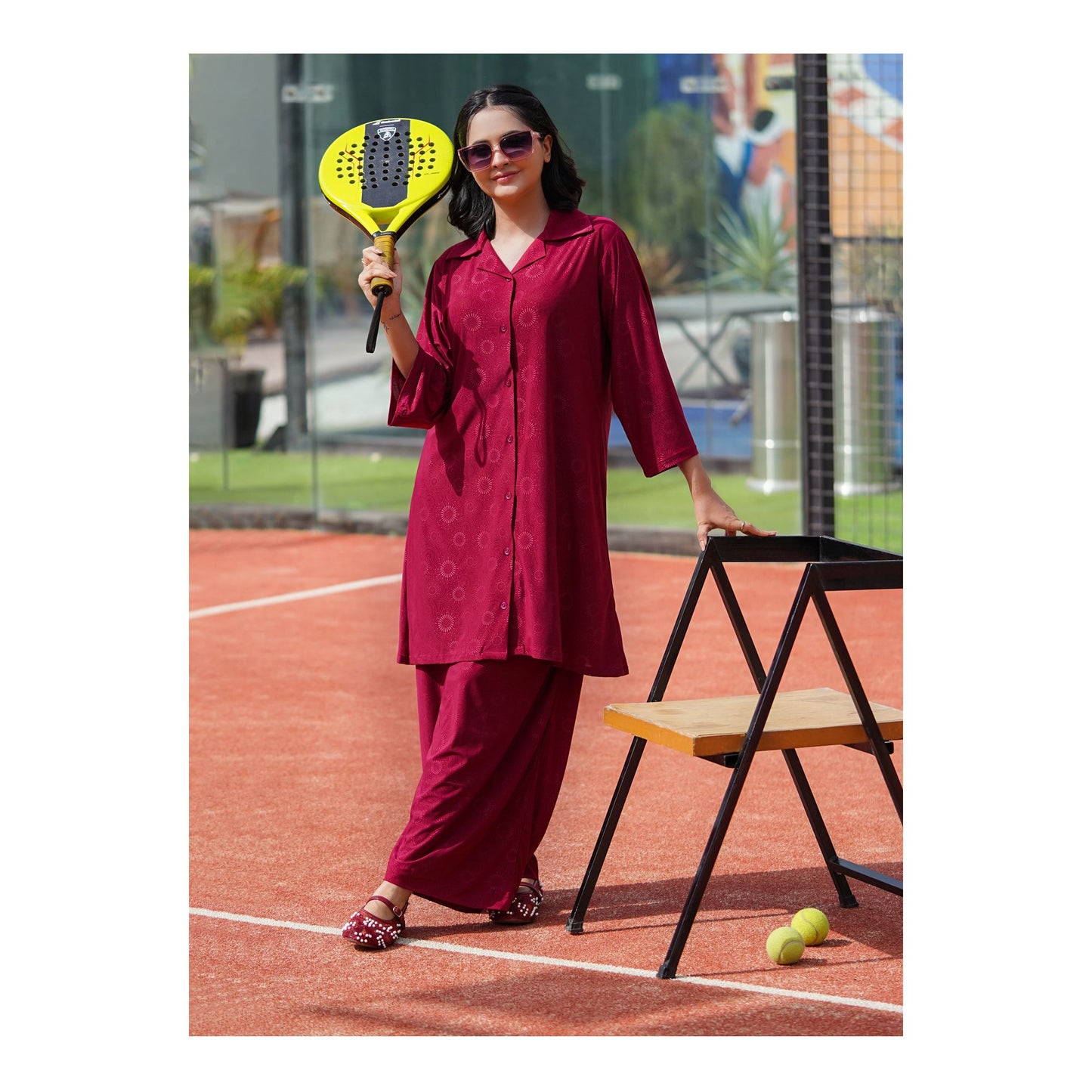 Basix Women's Stretch Fabric Self Print Co-Ord Set, Maroon, CORD-124
