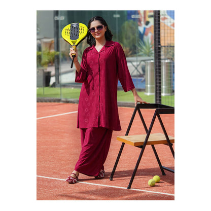 Basix Women's Stretch Fabric Self Print Co-Ord Set, Maroon, CORD-124