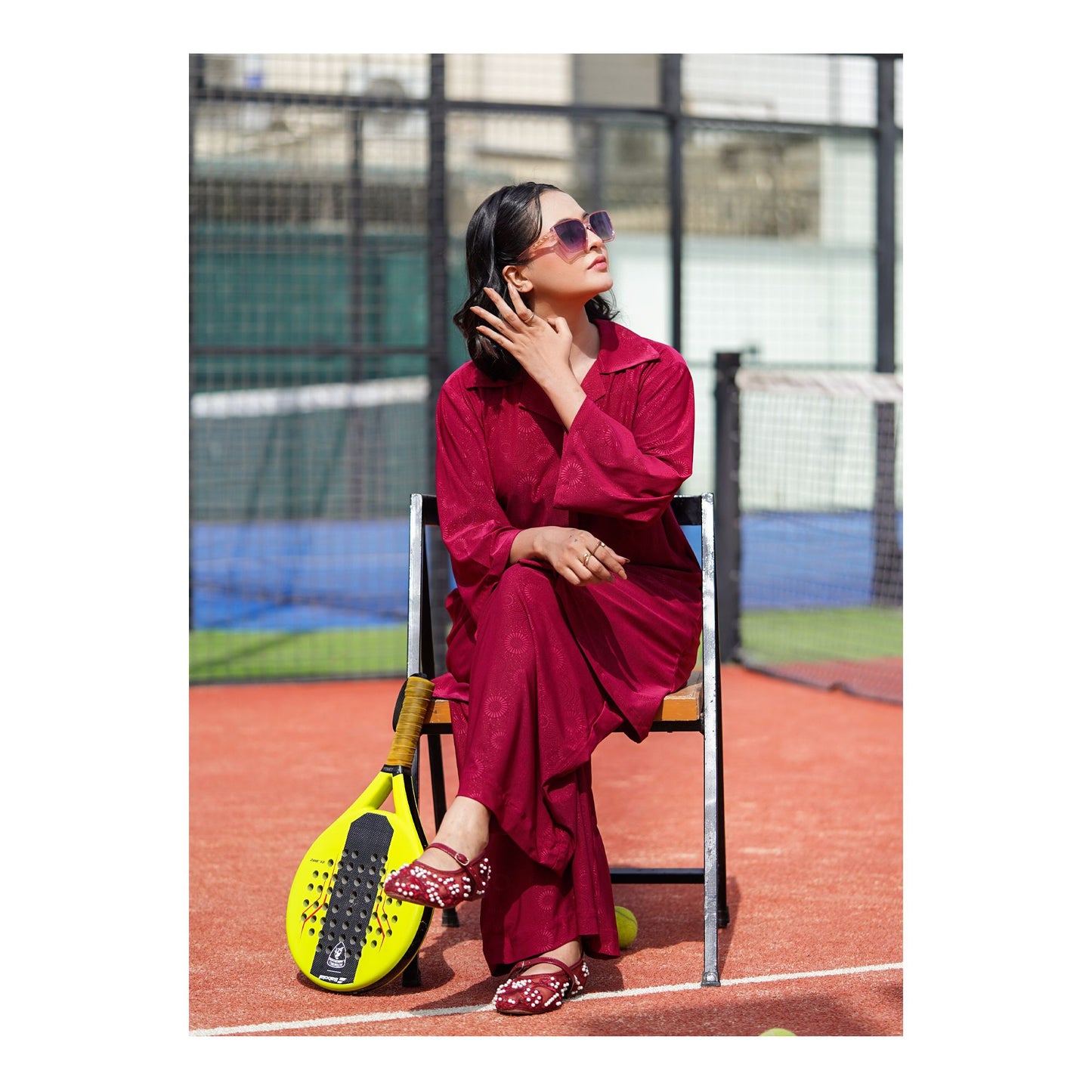 Basix Women's Stretch Fabric Self Print Co-Ord Set, Maroon, CORD-124