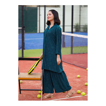 Basix Women's Stretch Fabric Self Print Co-Ord Set, Green, CORD-125
