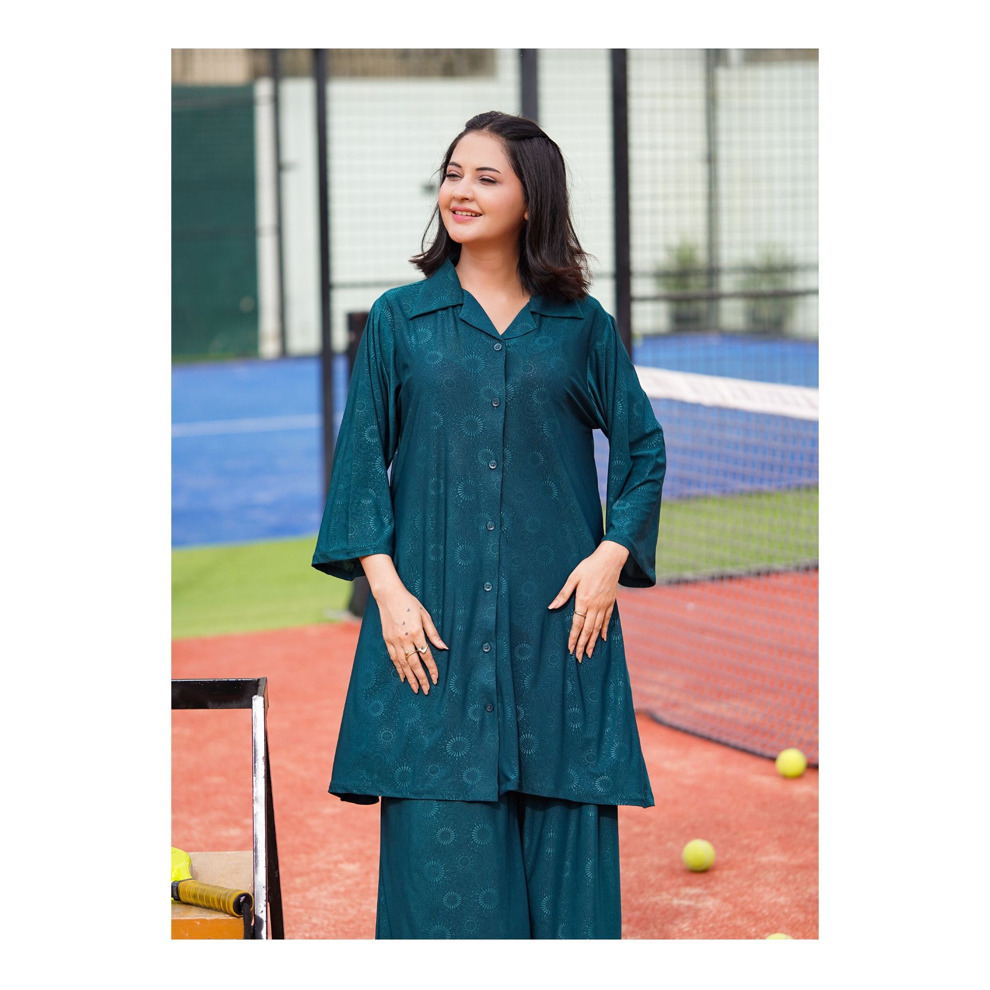 Basix Women's Stretch Fabric Self Print Co-Ord Set, Green, CORD-125