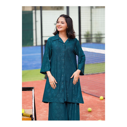 Basix Women's Stretch Fabric Self Print Co-Ord Set, Green, CORD-125