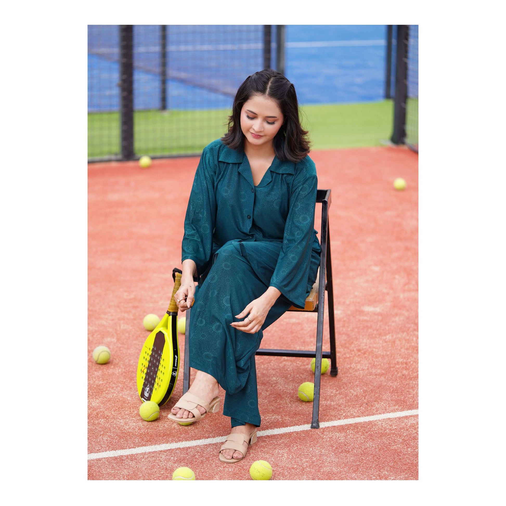 Basix Women's Stretch Fabric Self Print Co-Ord Set, Green, CORD-125