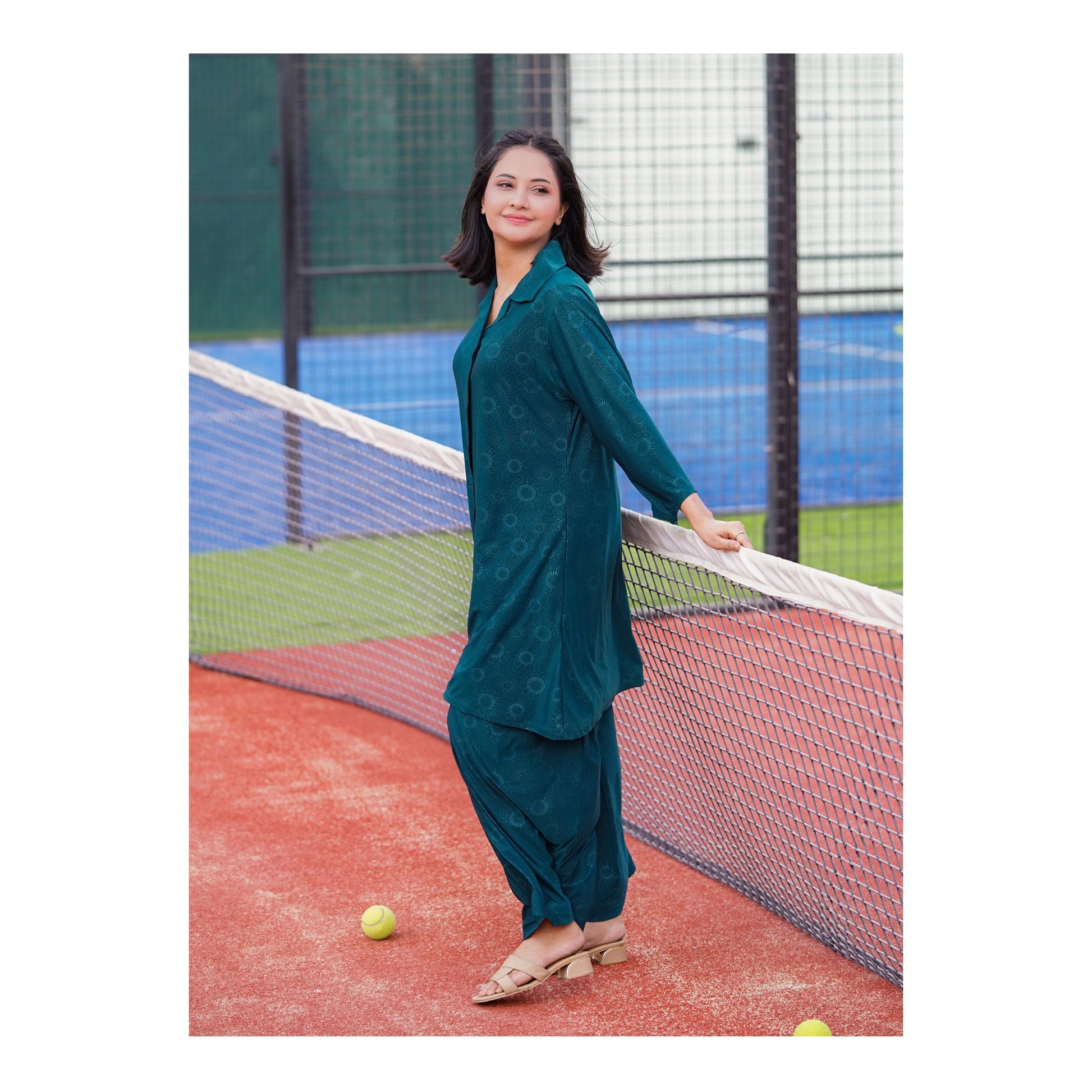 Basix Women's Stretch Fabric Self Print Co-Ord Set, Green, CORD-125