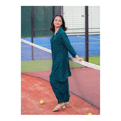 Basix Women's Stretch Fabric Self Print Co-Ord Set, Green, CORD-125