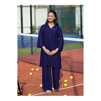 Basix Women's Stretch Fabric Self Print Co-Ord Set, Navy Blue, CORD-126