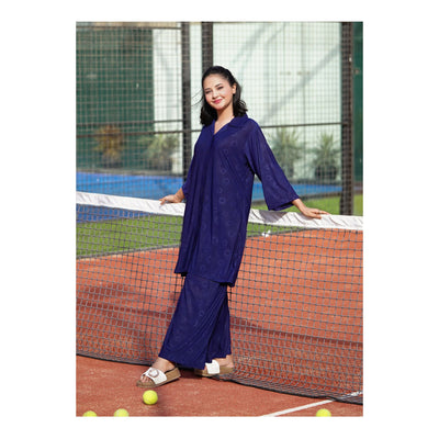 Basix Women's Stretch Fabric Self Print Co-Ord Set, Navy Blue, CORD-126