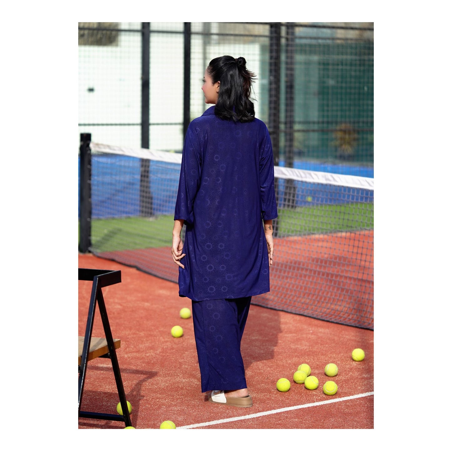 Basix Women's Stretch Fabric Self Print Co-Ord Set, Navy Blue, CORD-126