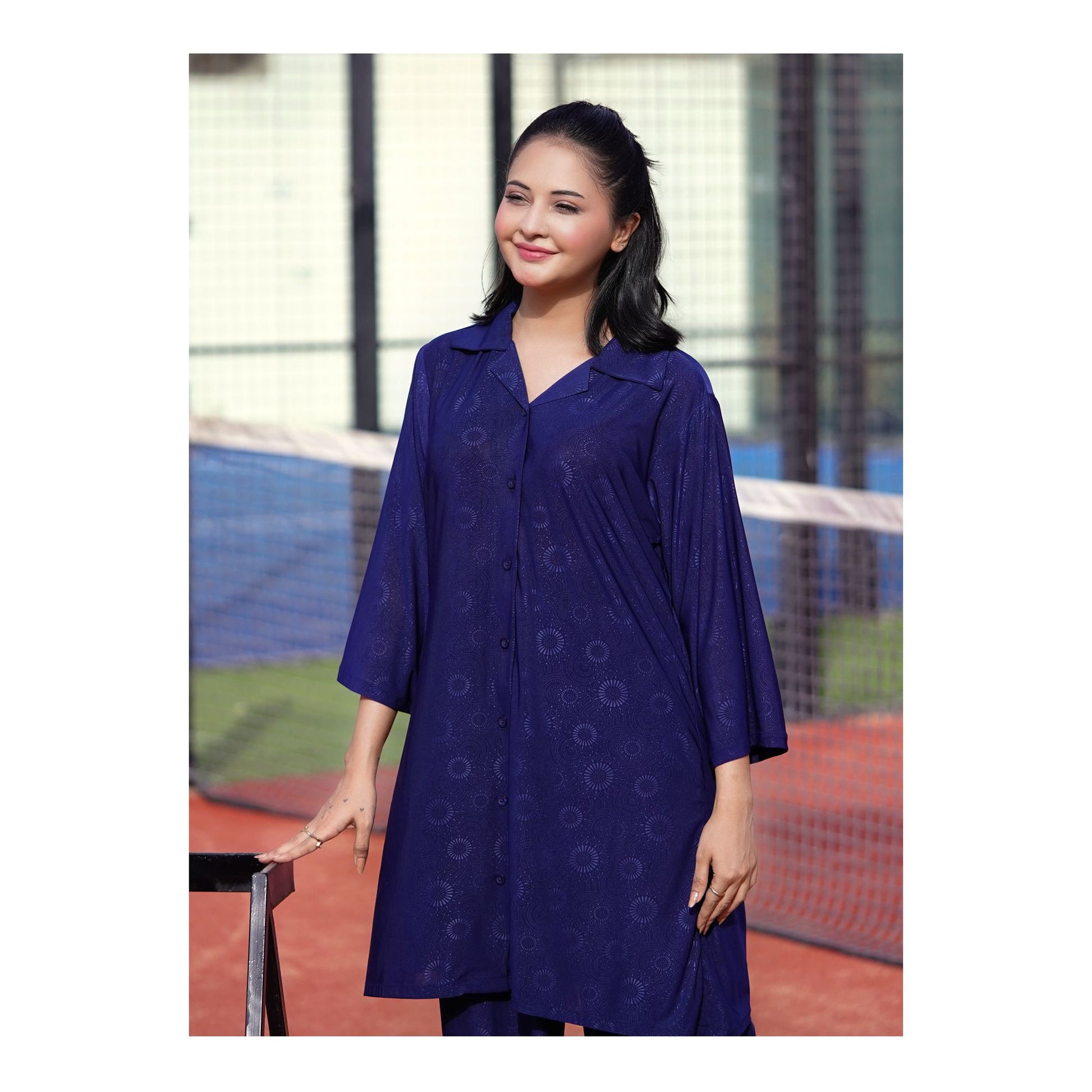 Basix Women's Stretch Fabric Self Print Co-Ord Set, Navy Blue, CORD-126