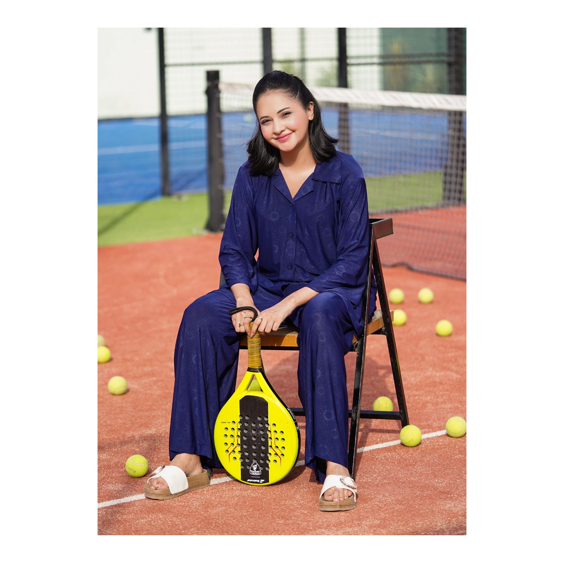 Basix Women's Stretch Fabric Self Print Co-Ord Set, Navy Blue, CORD-126
