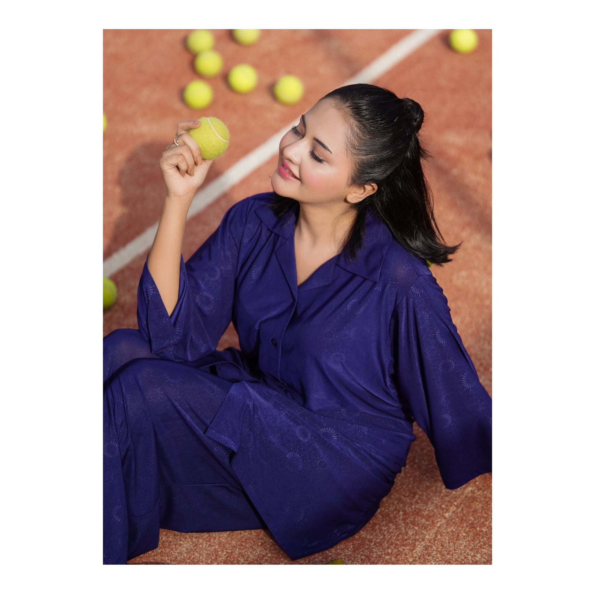 Basix Women's Stretch Fabric Self Print Co-Ord Set, Navy Blue, CORD-126