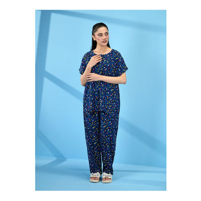 Basix Women's Drop Shoulder Sleeveless 2-Piece Set, Navy Blue With Geomatric Boxes, Viscose, LW-678