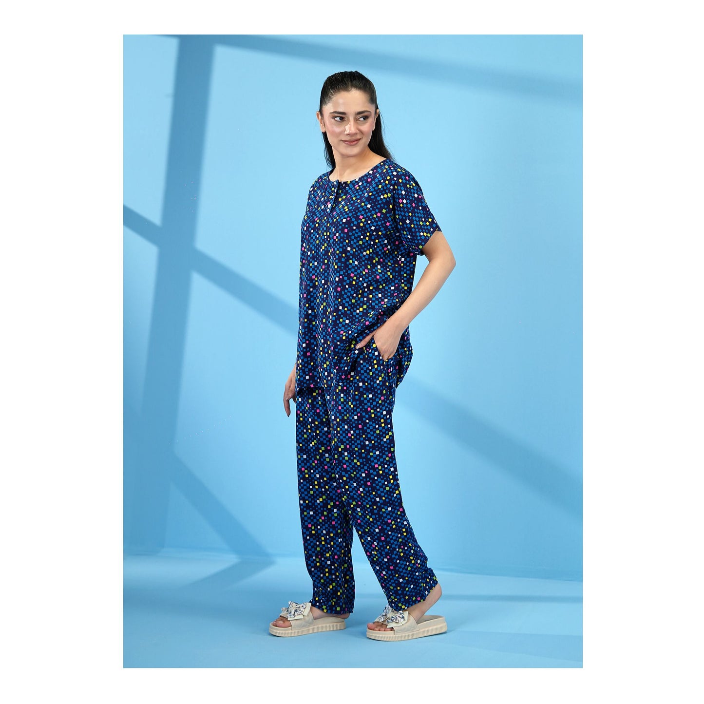 Basix Women's Drop Shoulder Sleeveless 2-Piece Set, Navy Blue With Geomatric Boxes, Viscose, LW-678