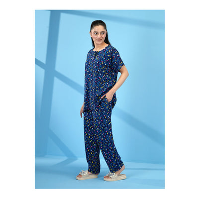 Basix Women's Drop Shoulder Sleeveless 2-Piece Set, Navy Blue With Geomatric Boxes, Viscose, LW-678