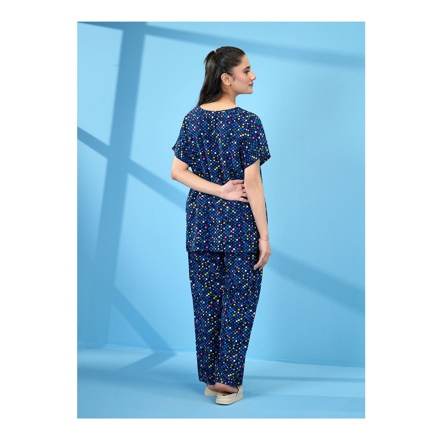 Basix Women's Drop Shoulder Sleeveless 2-Piece Set, Navy Blue With Geomatric Boxes, Viscose, LW-678