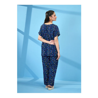 Basix Women's Drop Shoulder Sleeveless 2-Piece Set, Navy Blue With Geomatric Boxes, Viscose, LW-678