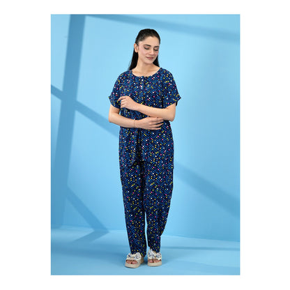 Basix Women's Drop Shoulder Sleeveless 2-Piece Set, Navy Blue With Geomatric Boxes, Viscose, LW-678