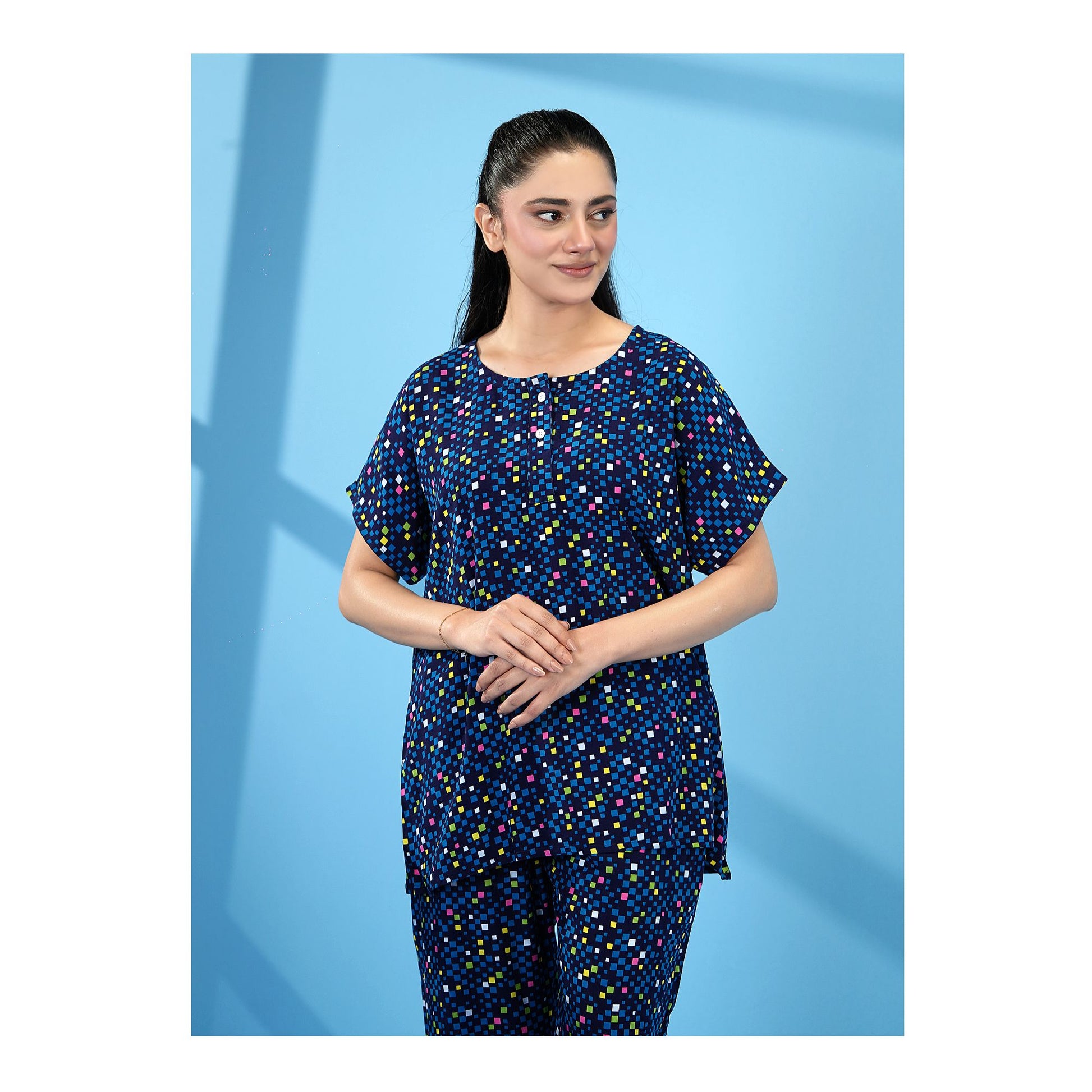 Basix Women's Drop Shoulder Sleeveless 2-Piece Set, Navy Blue With Geomatric Boxes, Viscose, LW-678