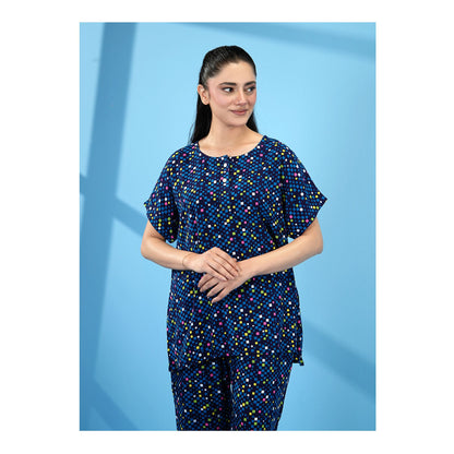 Basix Women's Drop Shoulder Sleeveless 2-Piece Set, Navy Blue With Geomatric Boxes, Viscose, LW-678