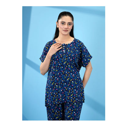 Basix Women's Drop Shoulder Sleeveless 2-Piece Set, Navy Blue With Geomatric Boxes, Viscose, LW-678