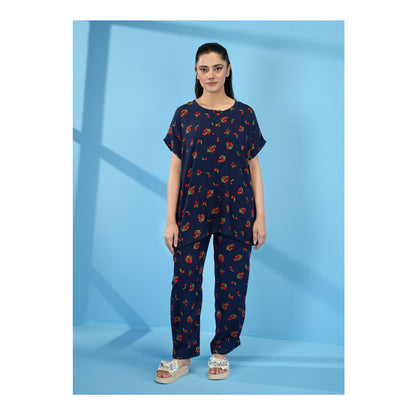 Basix Women's Drop Shoulder Sleeveless 2-Piece Set, Navy Blue With Red Flora, Viscose, LW-679