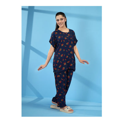 Basix Women's Drop Shoulder Sleeveless 2-Piece Set, Navy Blue With Red Flora, Viscose, LW-679