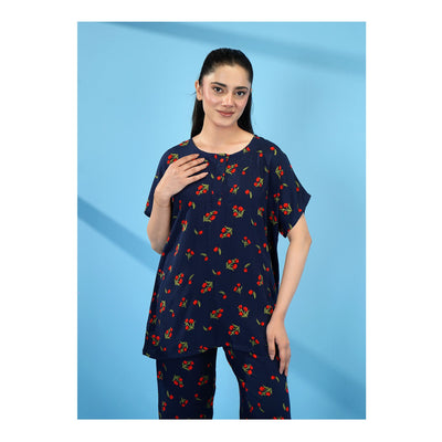 Basix Women's Drop Shoulder Sleeveless 2-Piece Set, Navy Blue With Red Flora, Viscose, LW-679