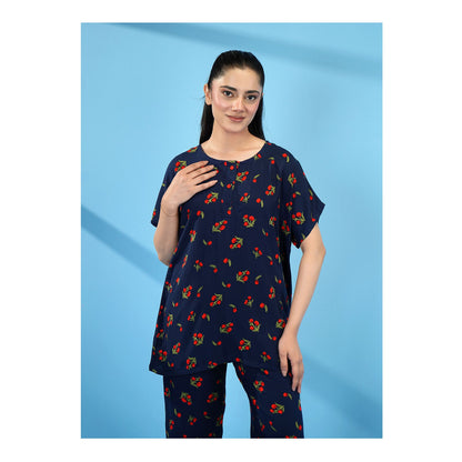 Basix Women's Drop Shoulder Sleeveless 2-Piece Set, Navy Blue With Red Flora, Viscose, LW-679