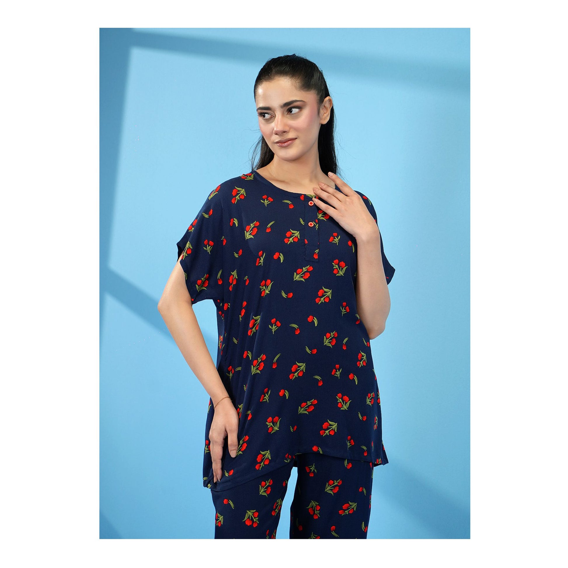 Basix Women's Drop Shoulder Sleeveless 2-Piece Set, Navy Blue With Red Flora, Viscose, LW-679