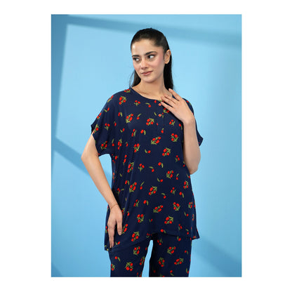 Basix Women's Drop Shoulder Sleeveless 2-Piece Set, Navy Blue With Red Flora, Viscose, LW-679