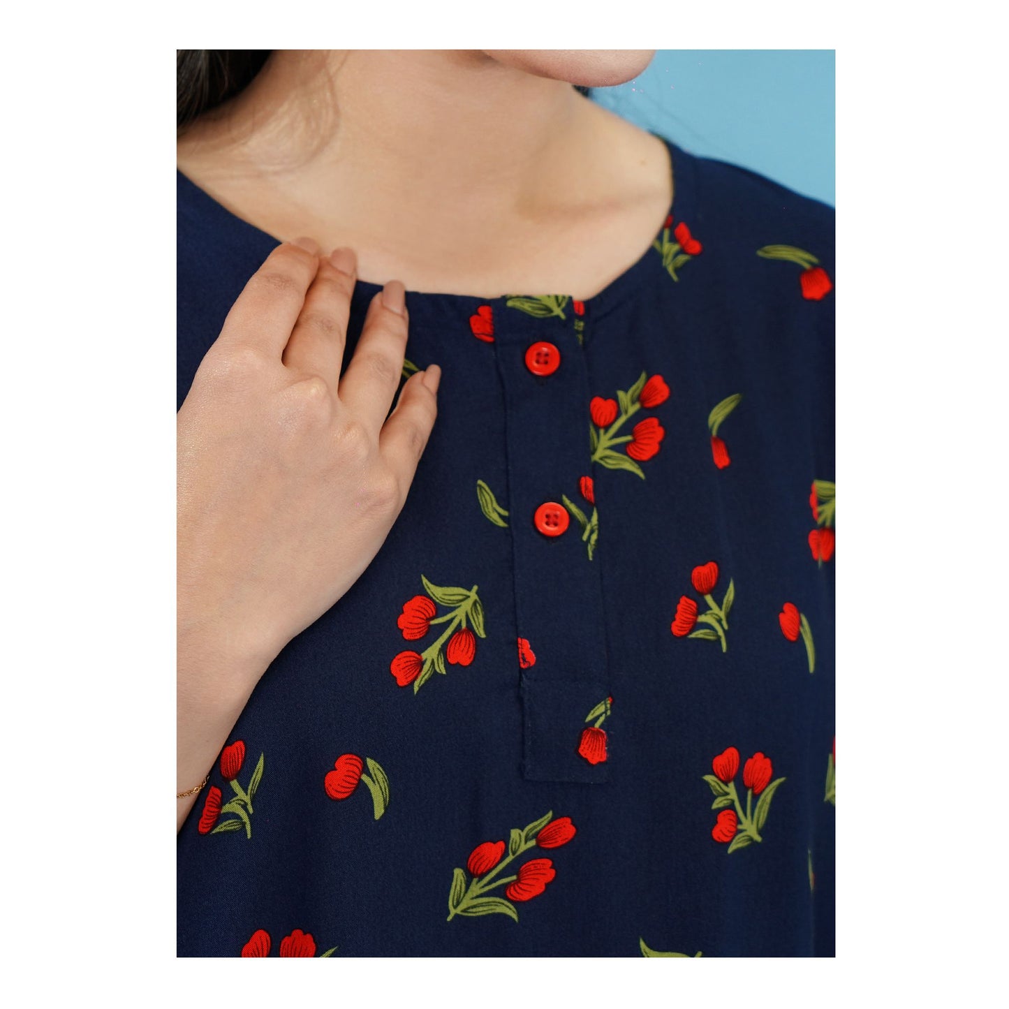 Basix Women's Drop Shoulder Sleeveless 2-Piece Set, Navy Blue With Red Flora, Viscose, LW-679