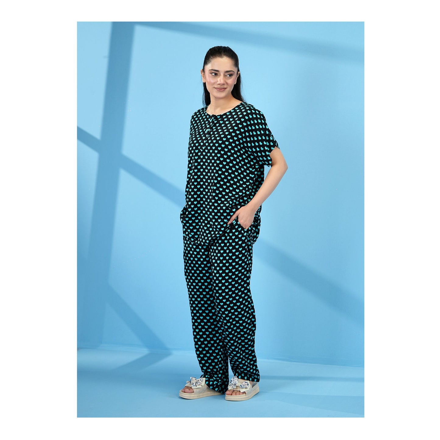 Basix Women's Drop Shoulder Sleeveless 2-Piece Set, Black &amp; Turquoise Sweet Hearts, Viscose, LW-680
