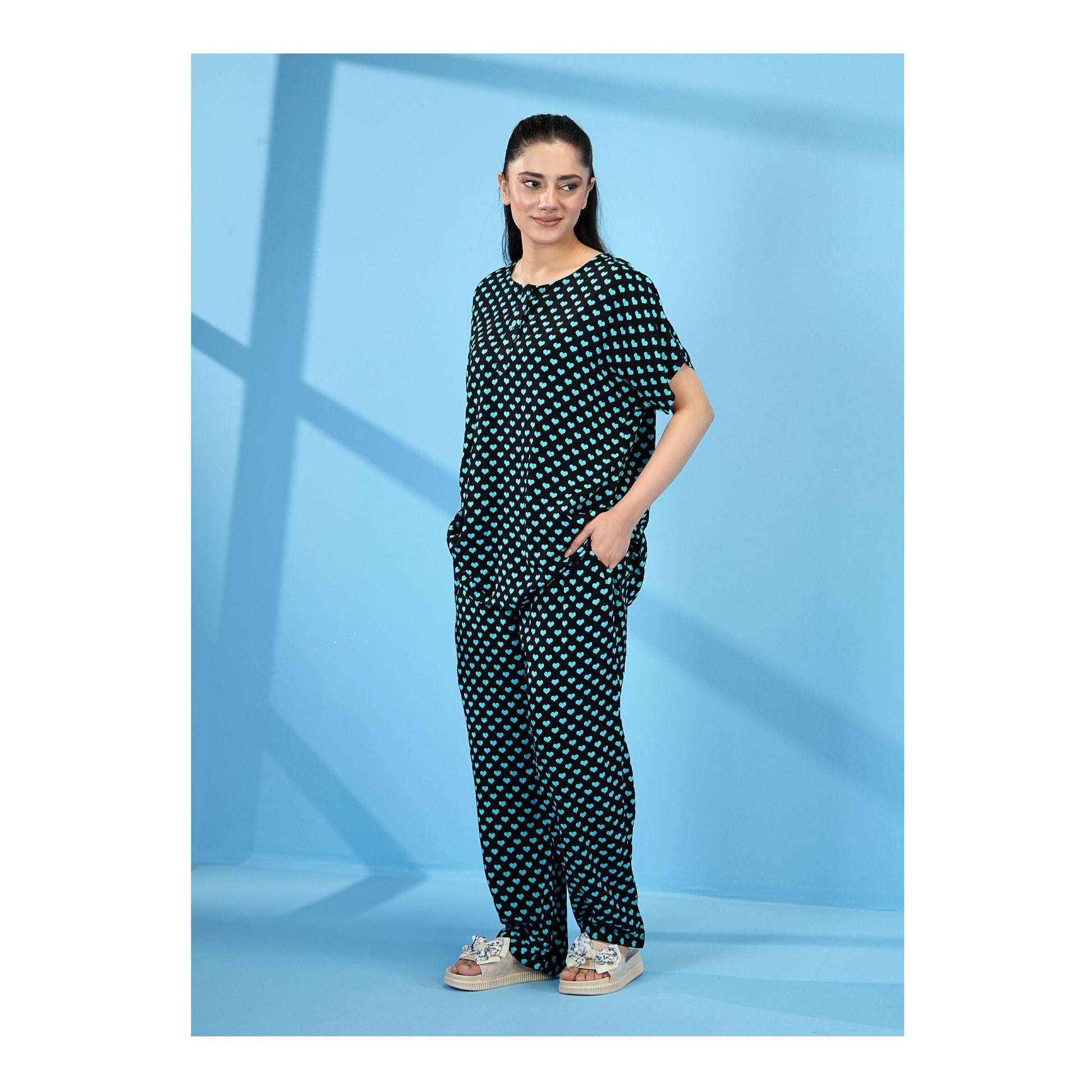 Basix Women's Drop Shoulder Sleeveless 2-Piece Set, Black &amp; Turquoise Sweet Hearts, Viscose, LW-680