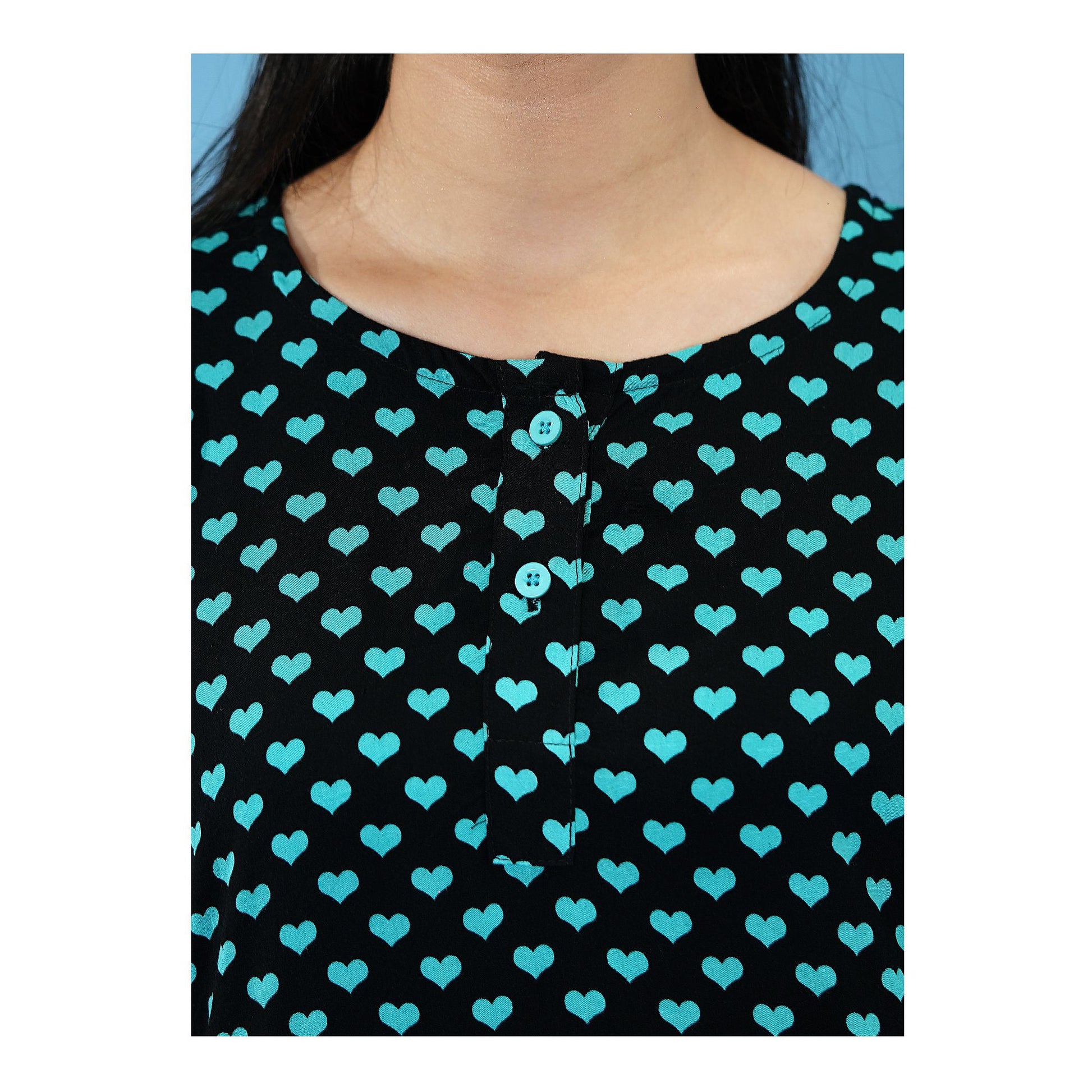 Basix Women's Drop Shoulder Sleeveless 2-Piece Set, Black &amp; Turquoise Sweet Hearts, Viscose, LW-680