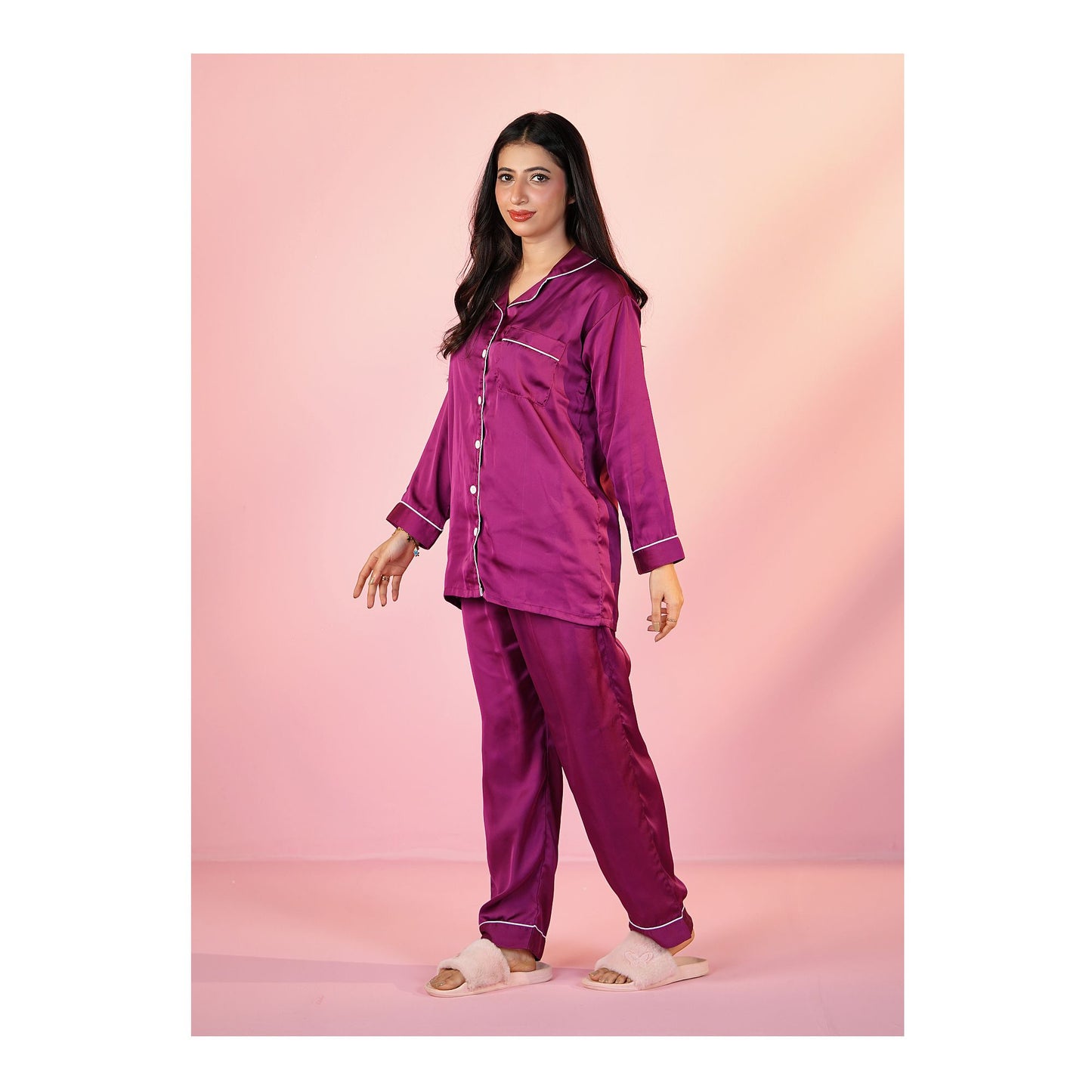 Basix Women's Silk Shirt &amp; Trouser 2 Piece Suit, Purple, SW-133