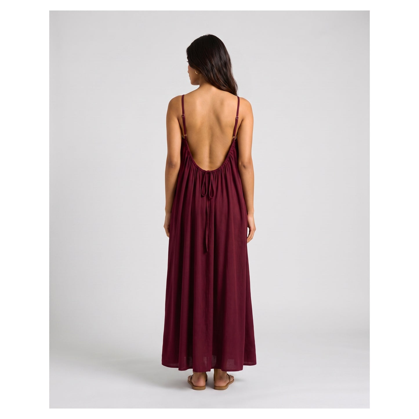 Basix Backless A-Line Gathered Maxi With Adjustable Straps & Tie Back,  Burgundy,  Free Size,  BM-101