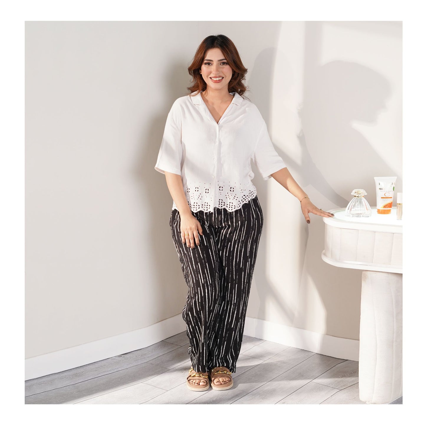 Basix Women's Twin Pocket Black & White Abstract Stripes Trouser, LT-611